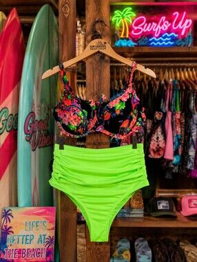 Floral Neon Green Highwaisted Bikini Set Size Lg